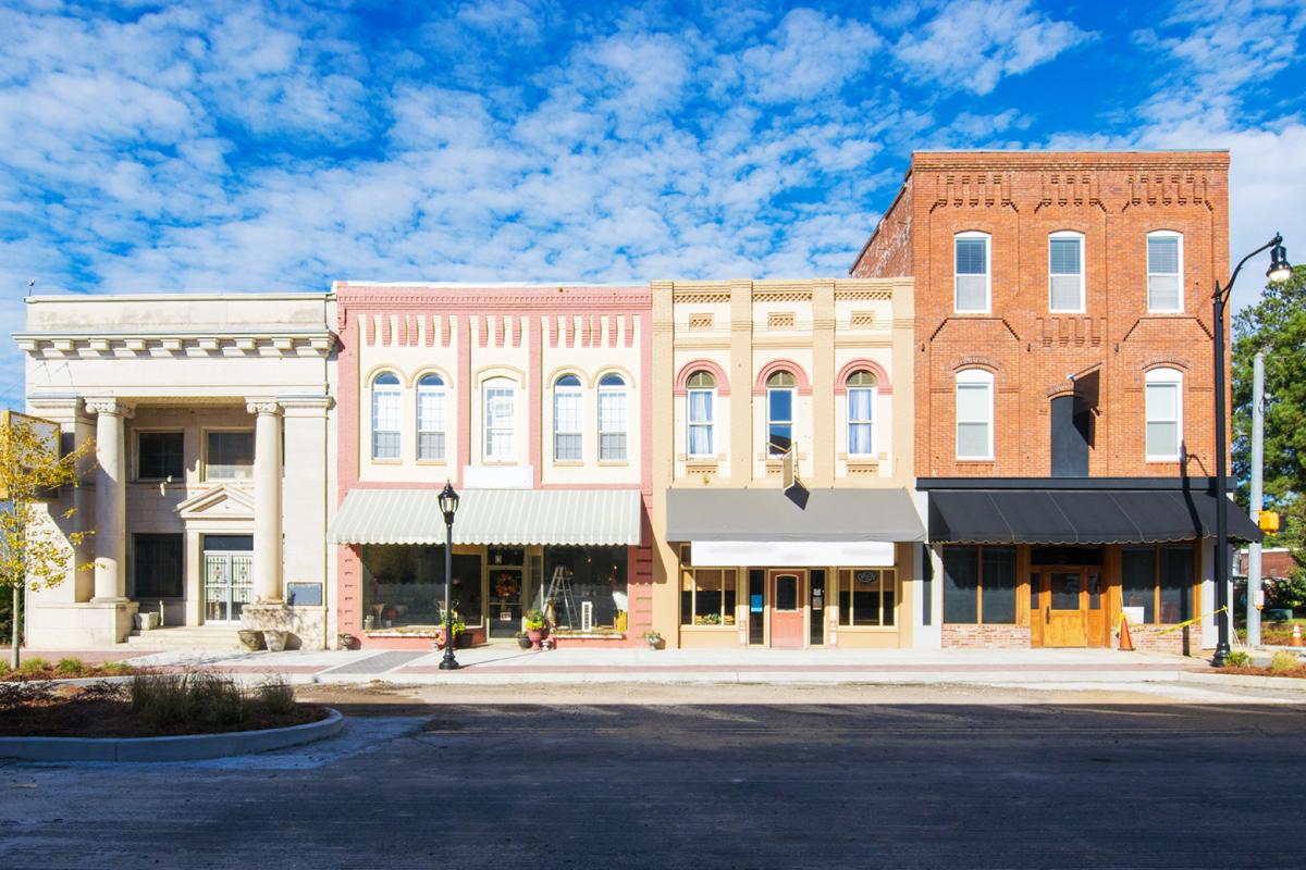 Small town center of buildings. 